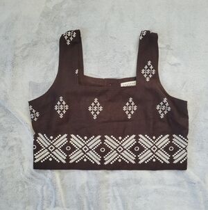 Calypso St Barth Womens Large Cropped Linen Blend Embroidered Button Front Top